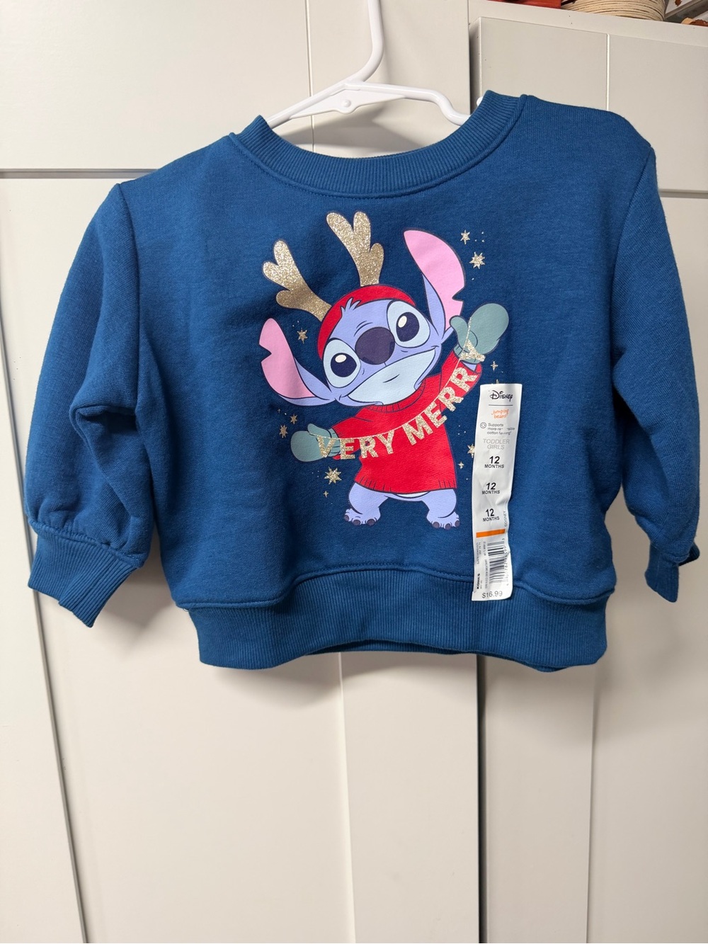Disney Blue Stitch Holiday Sweatshirt with Gold Antlers and Pink Ears